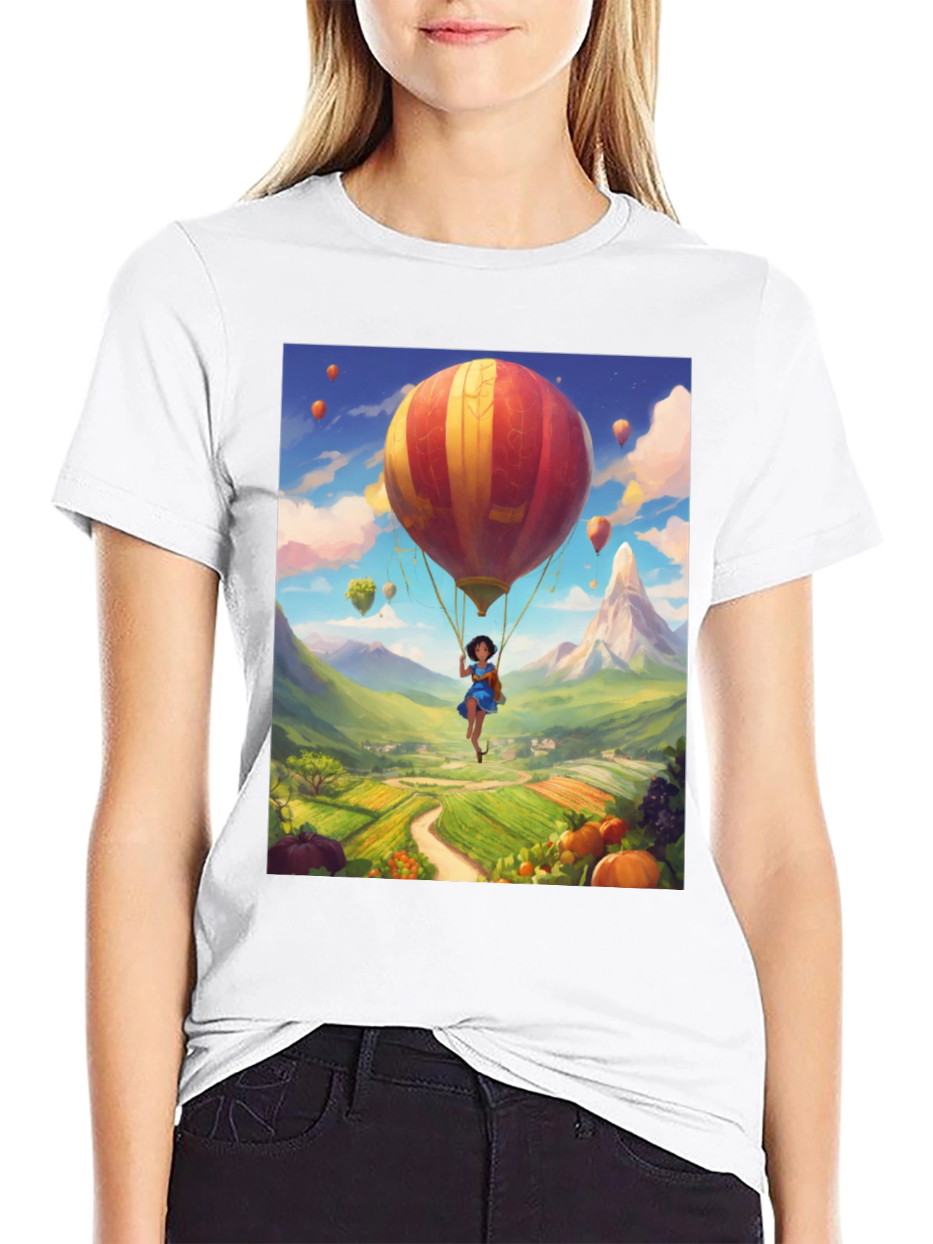 Whimsical Hot Air Balloon Graphic Tee - Black