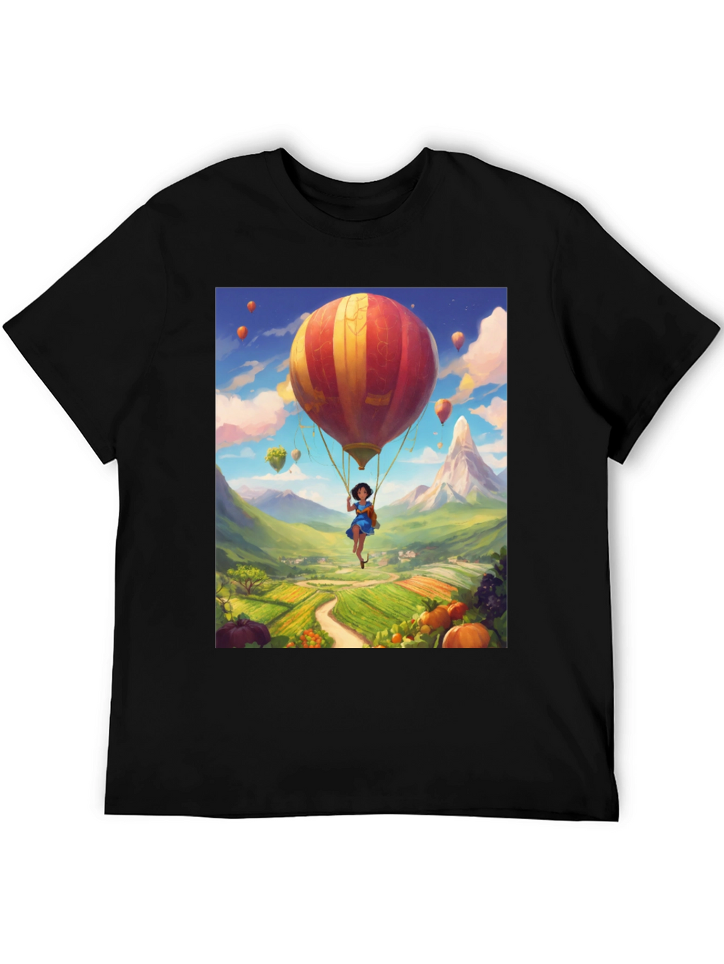 Whimsical Hot Air Balloon Graphic Tee - Black
