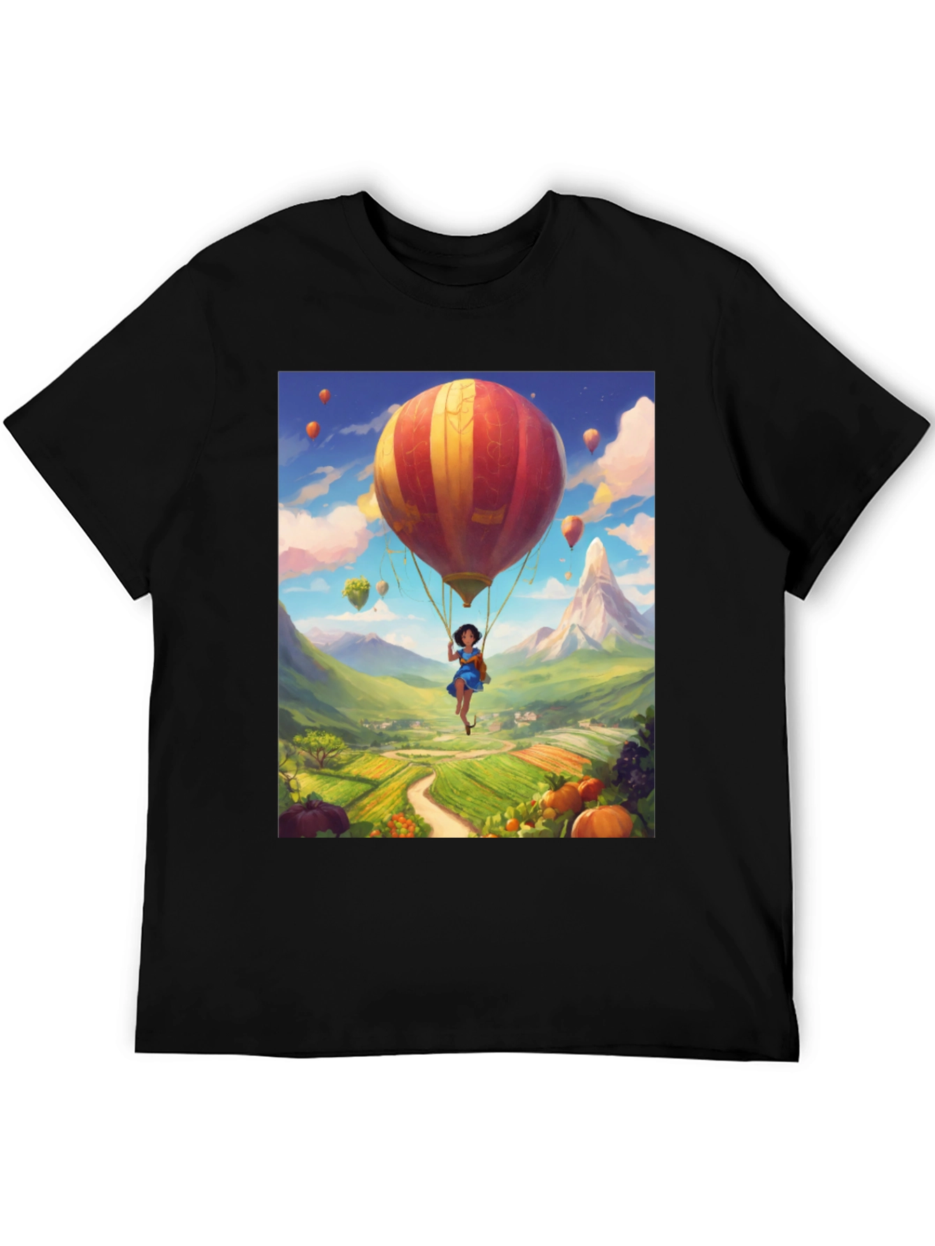 Whimsical Hot Air Balloon Graphic Tee - Black