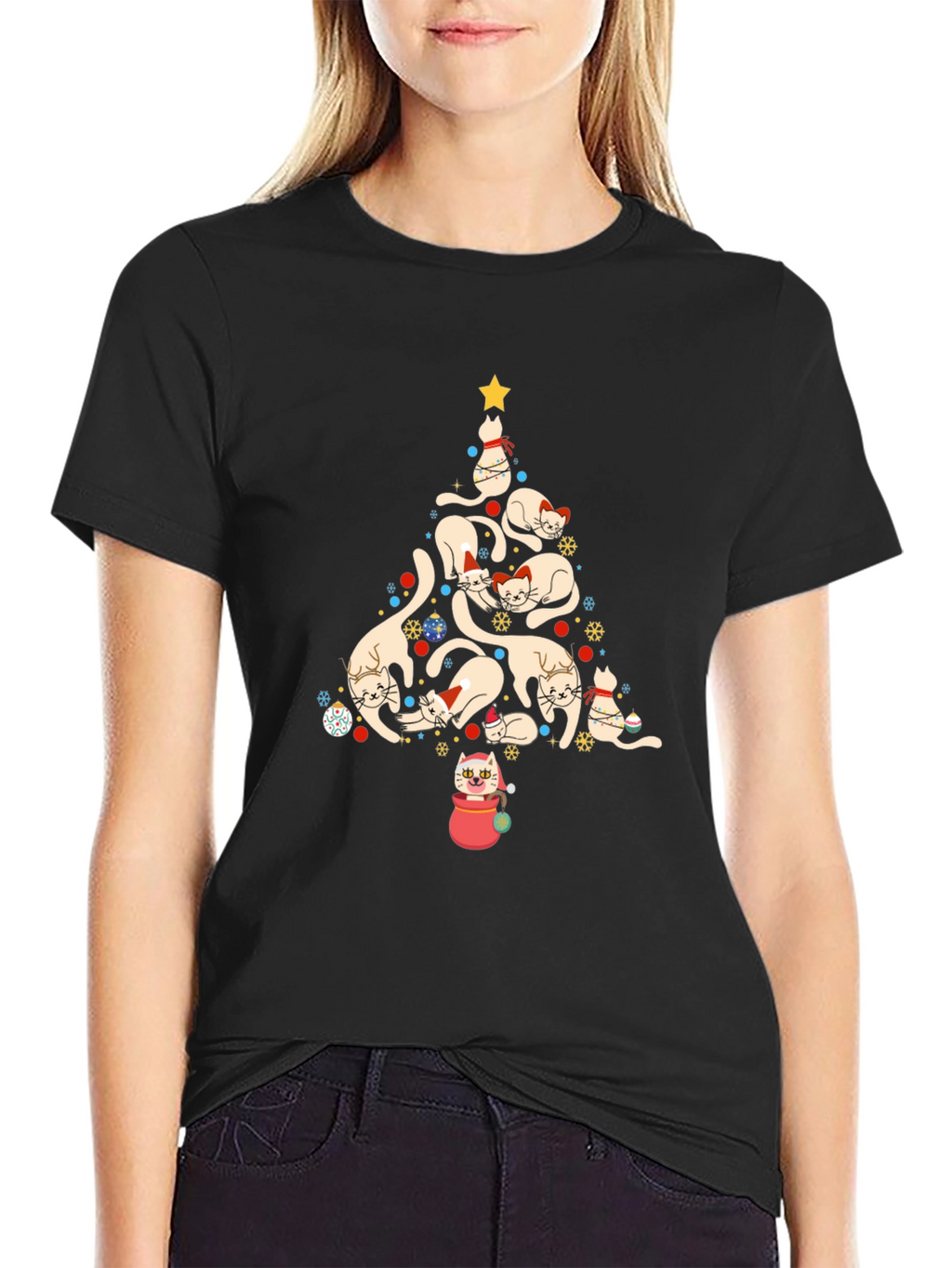 Festive Cat Christmas Tree Graphic Tee