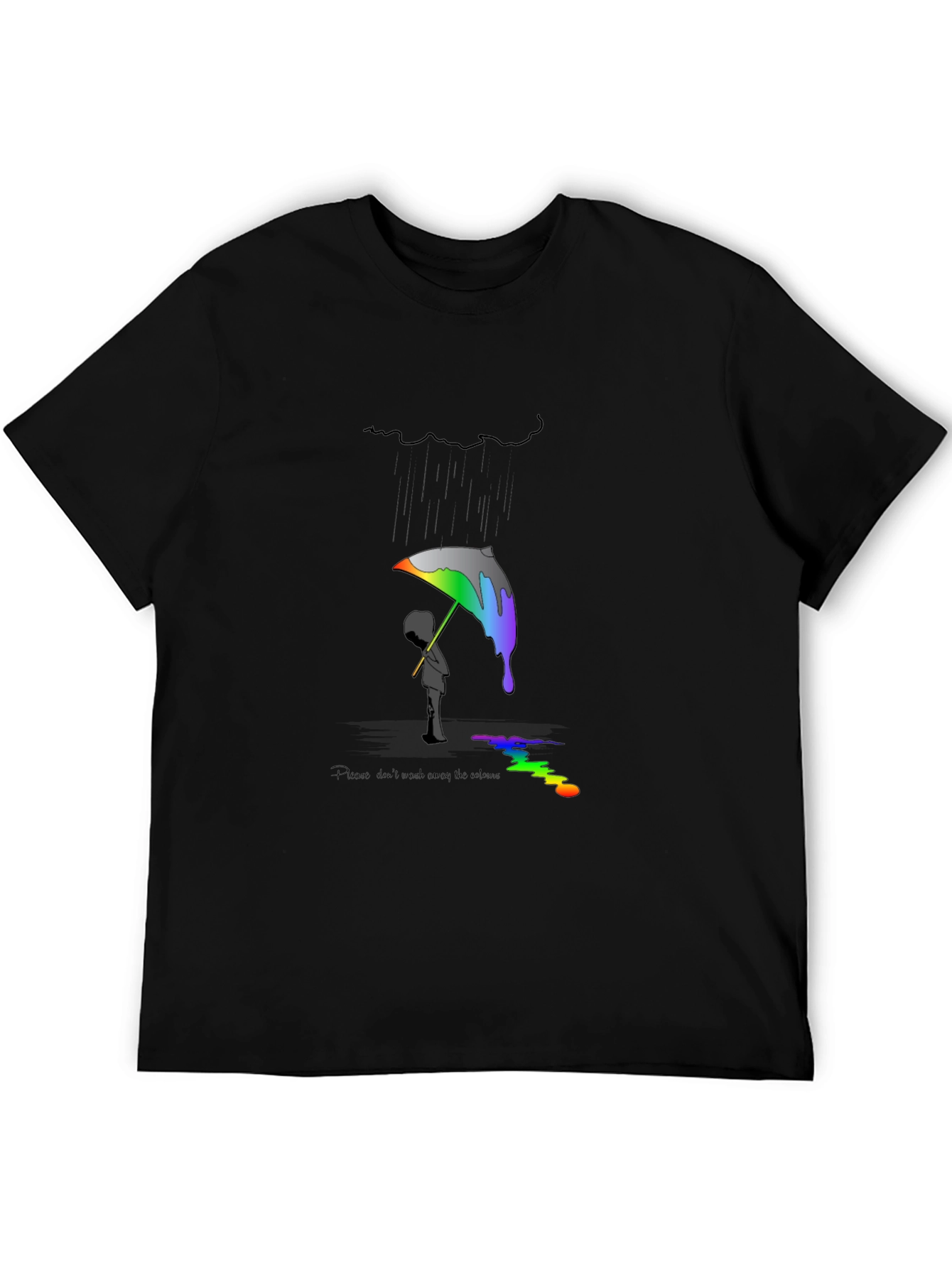 Artistic Black T-Shirt with Colorful Rain Design