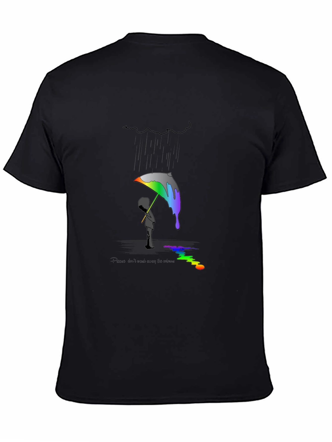 Artistic Black T-Shirt with Colorful Rain Design