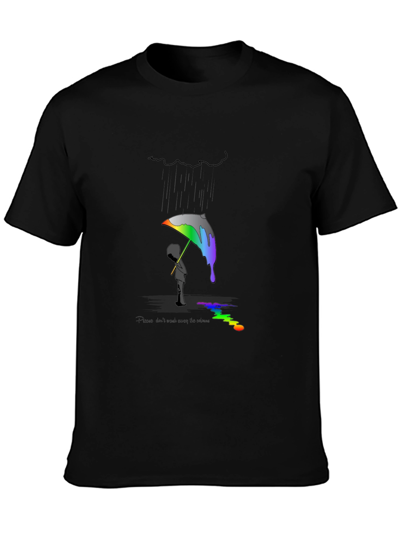 Artistic Black T-Shirt with Colorful Rain Design
