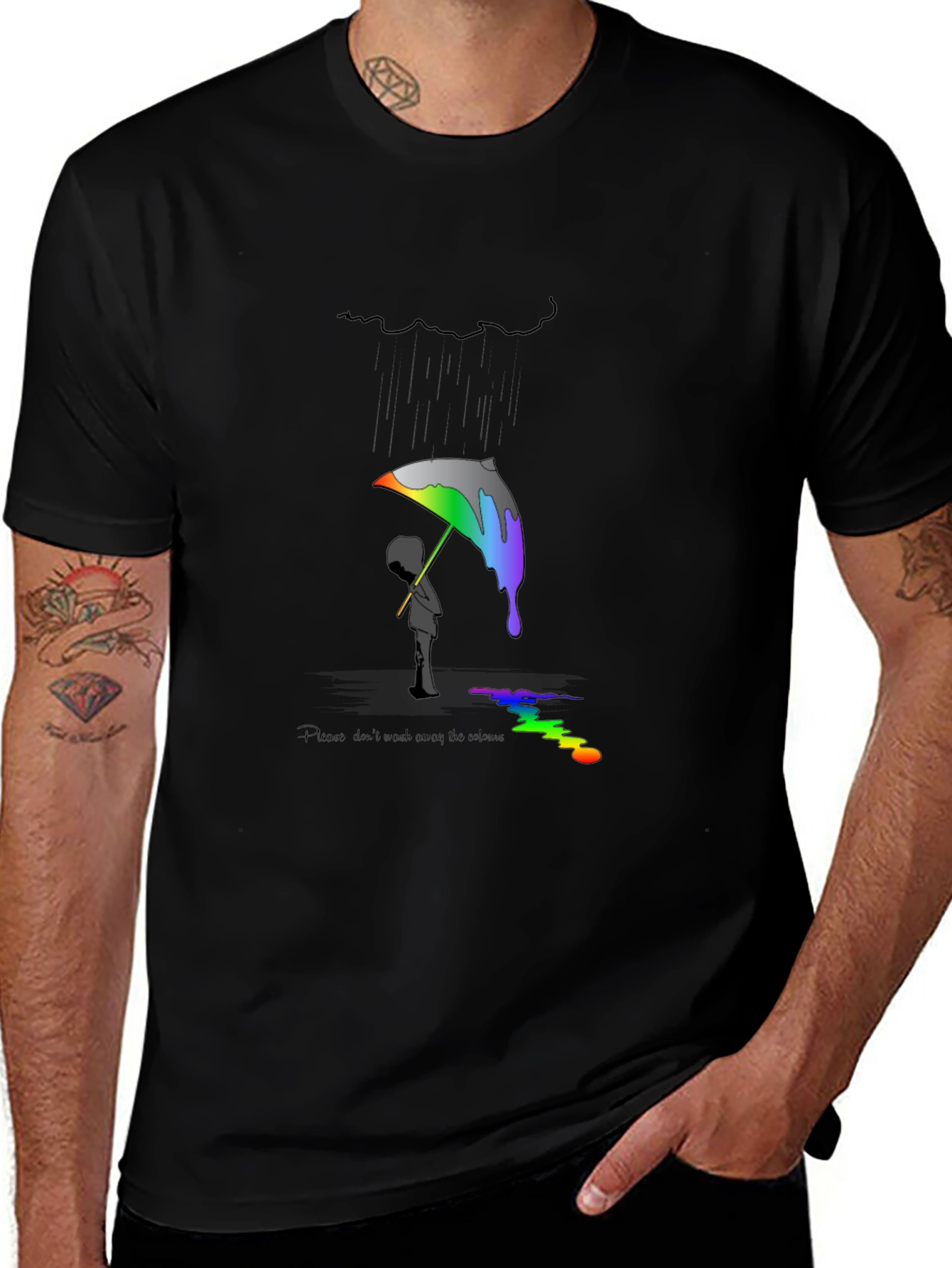 Artistic Black T-Shirt with Colorful Rain Design