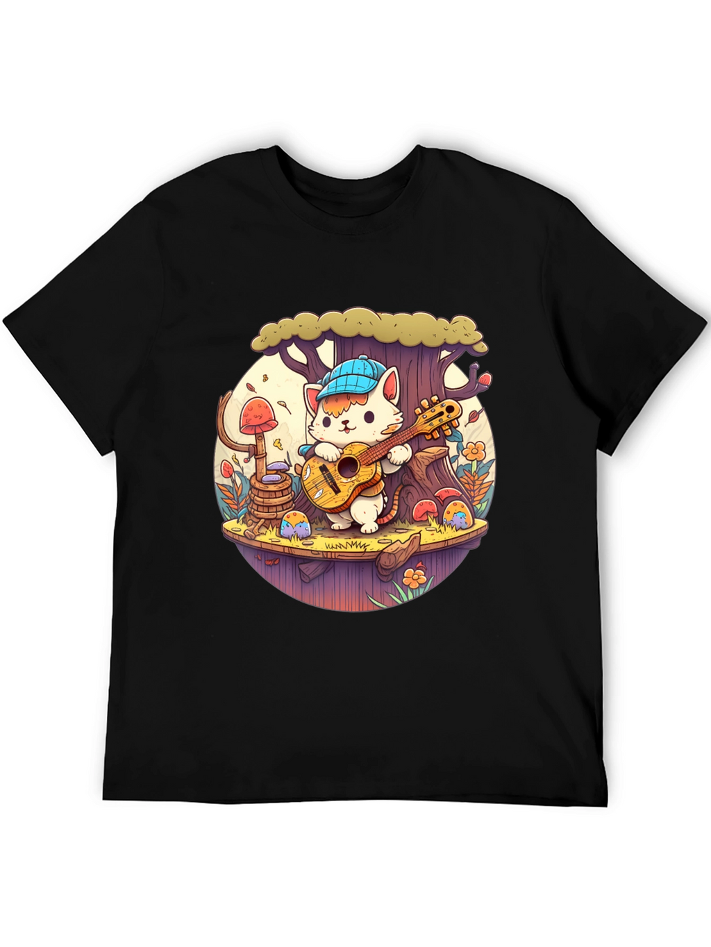Cute Cartoon Cat Playing Guitar Black T-Shirt
