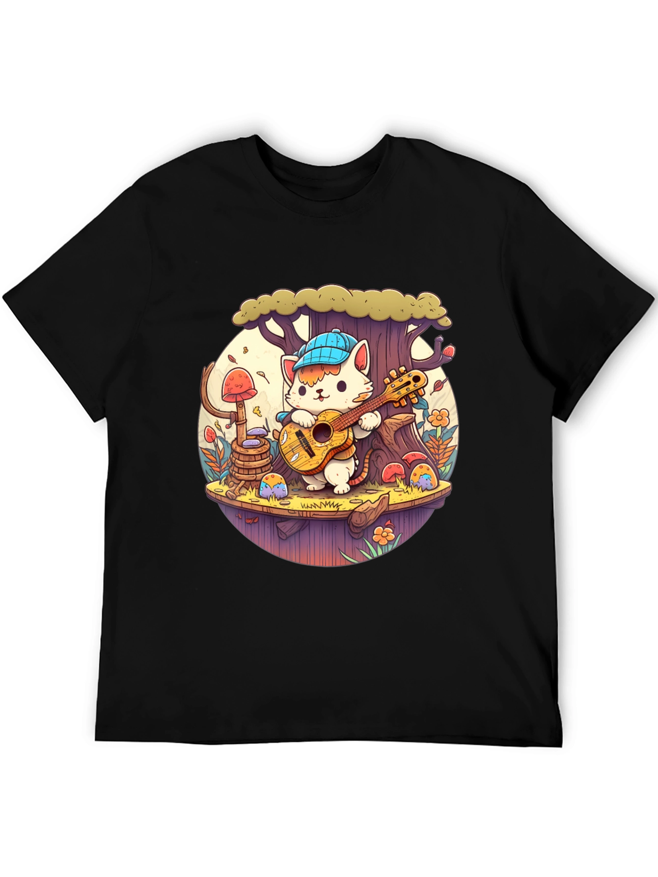 Cute Cartoon Cat Playing Guitar Black T-Shirt