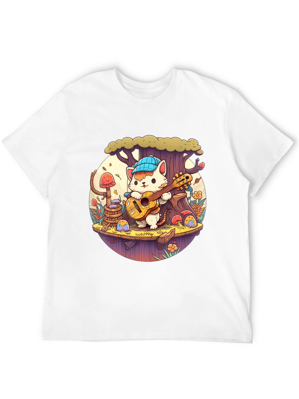 Cute Cartoon Cat Playing Guitar Black T-Shirt