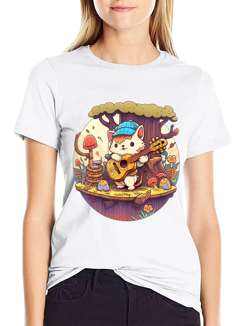 Cute Cartoon Cat Playing Guitar Black T-Shirt
