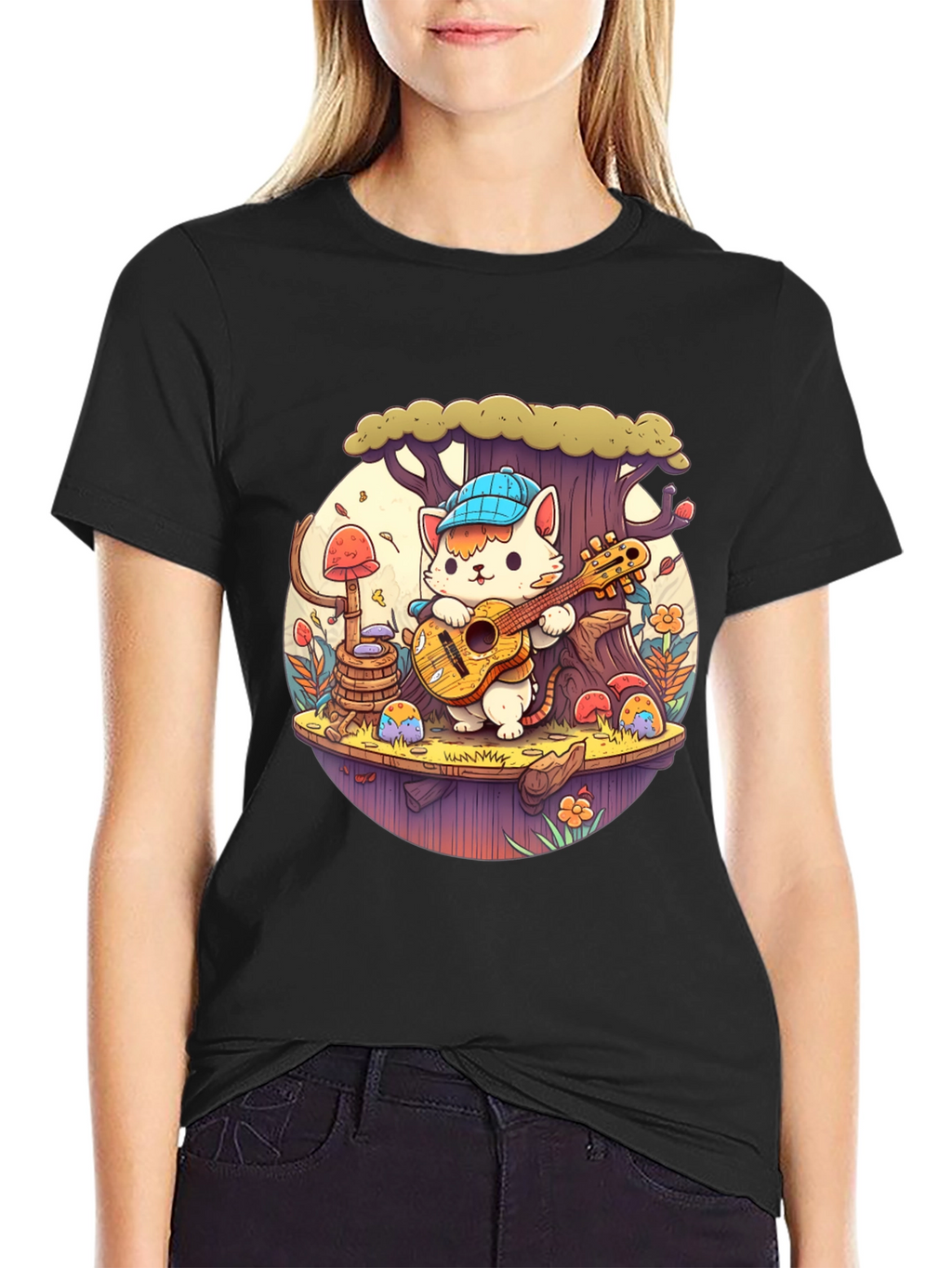 Cute Cartoon Cat Playing Guitar Black T-Shirt