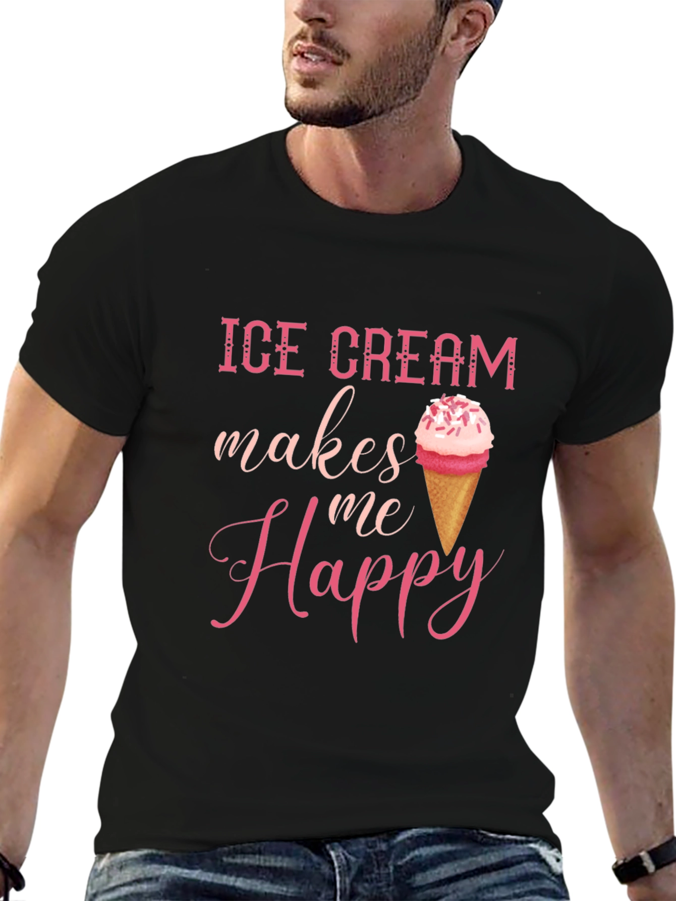 Ice Cream Makes Me Happy Graphic Tee - Black