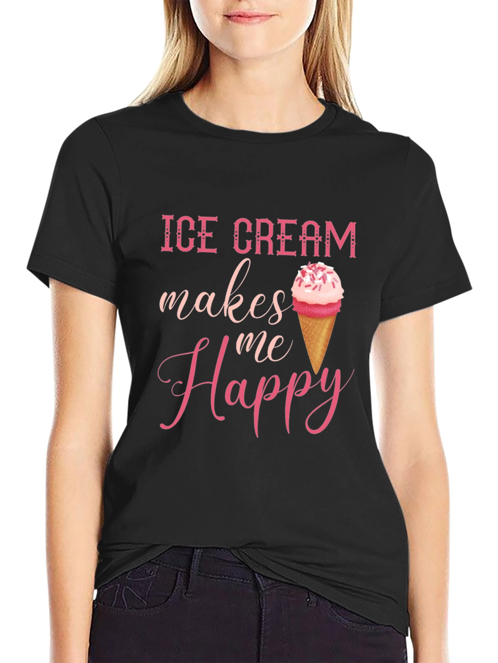 Ice Cream Makes Me Happy Graphic Tee - Black