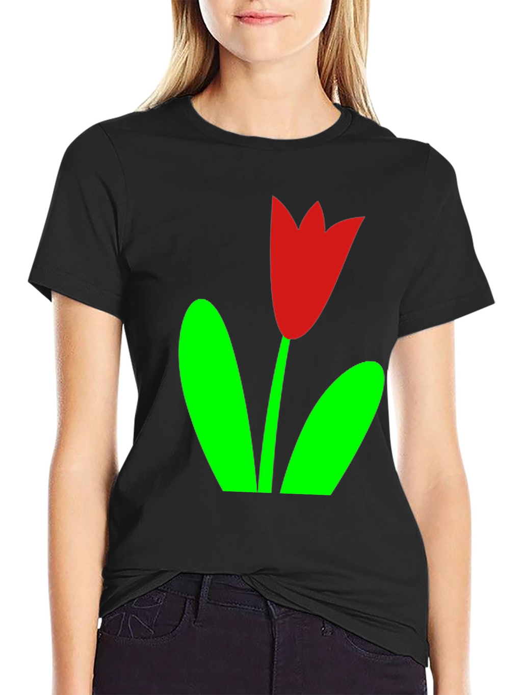 Black T-Shirt with Red Tulip Graphic