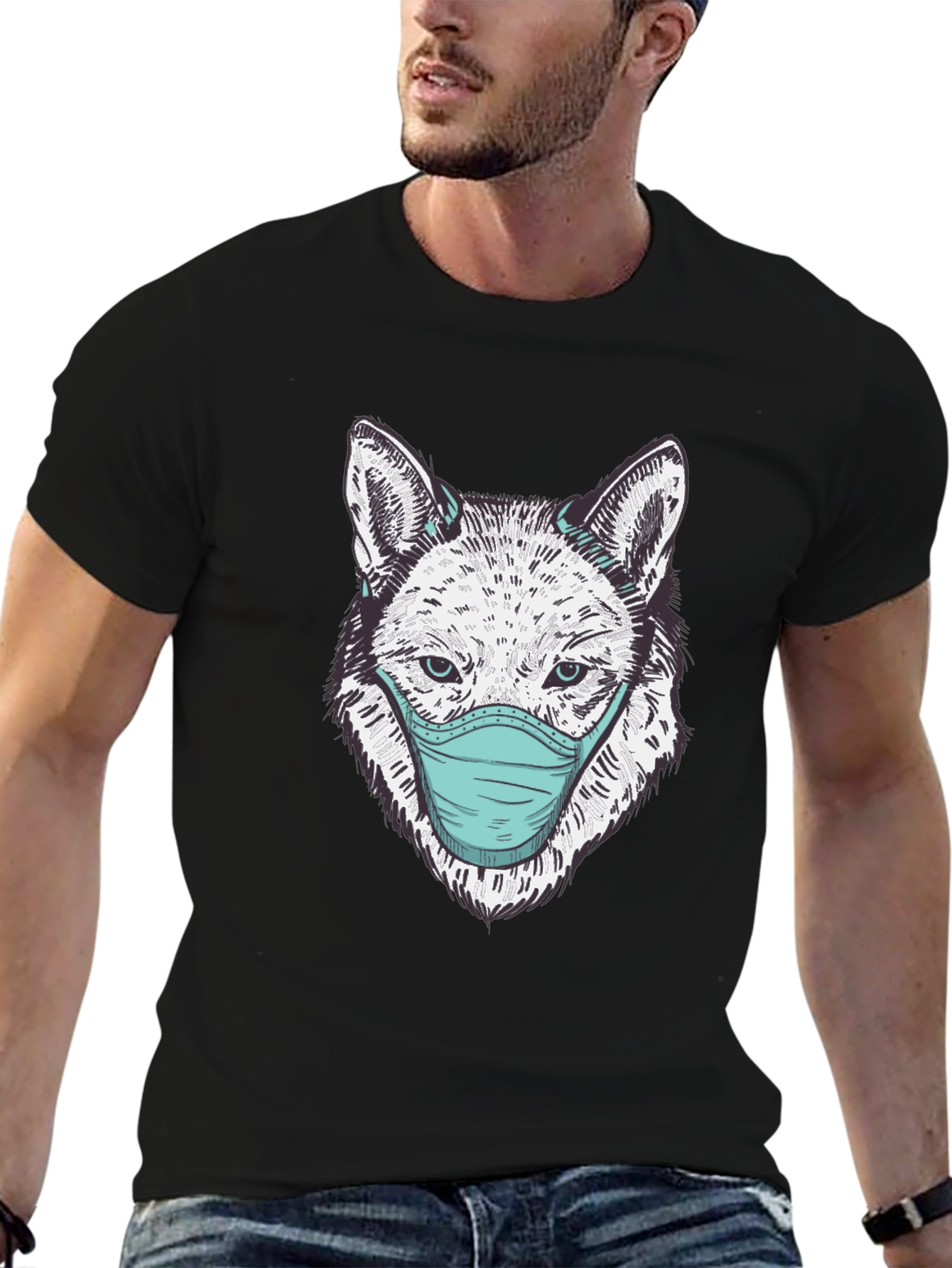 Wolf Face Mask Graphic Tee - Stylish & Protective