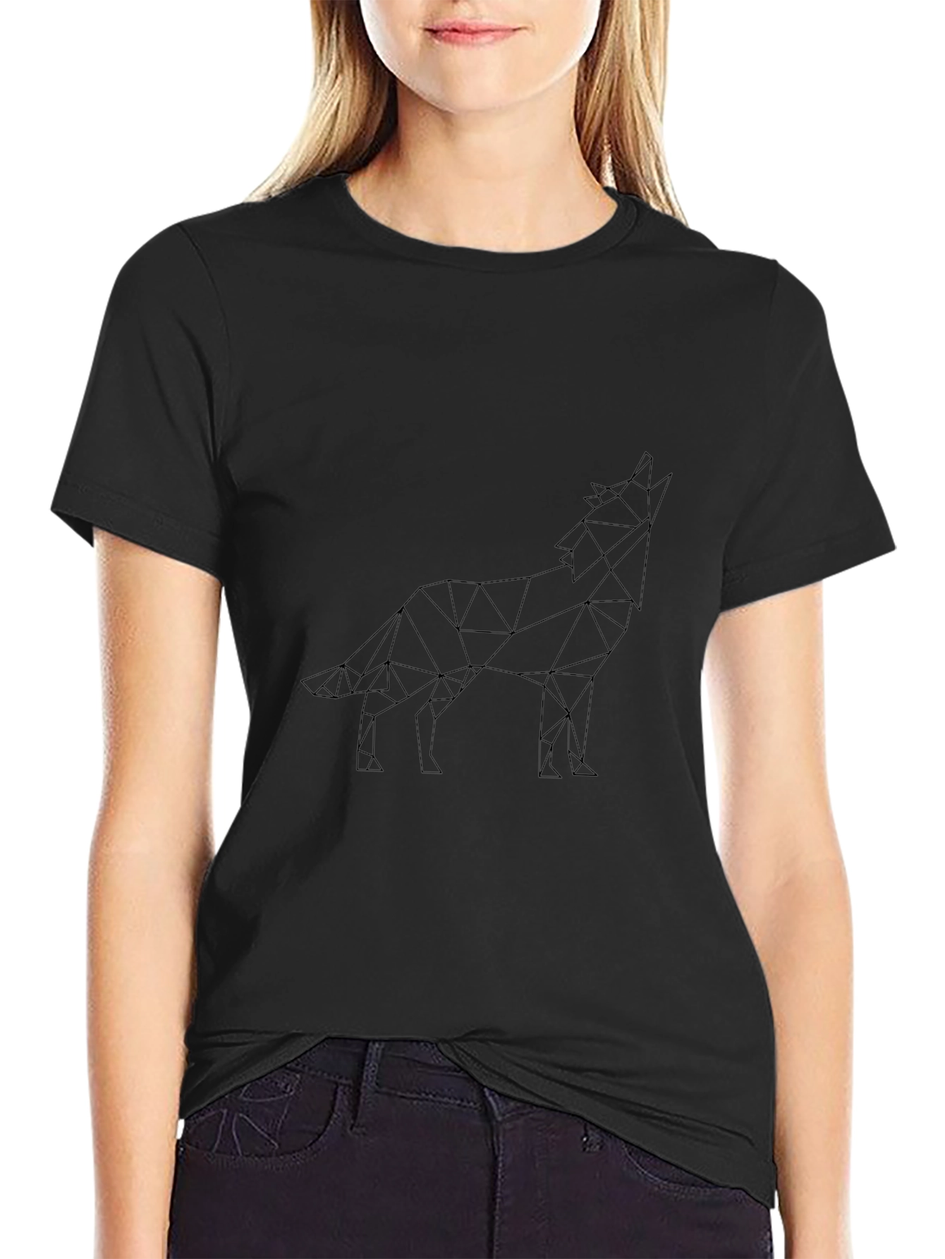 Geometric Wolf Graphic T-Shirt - Black