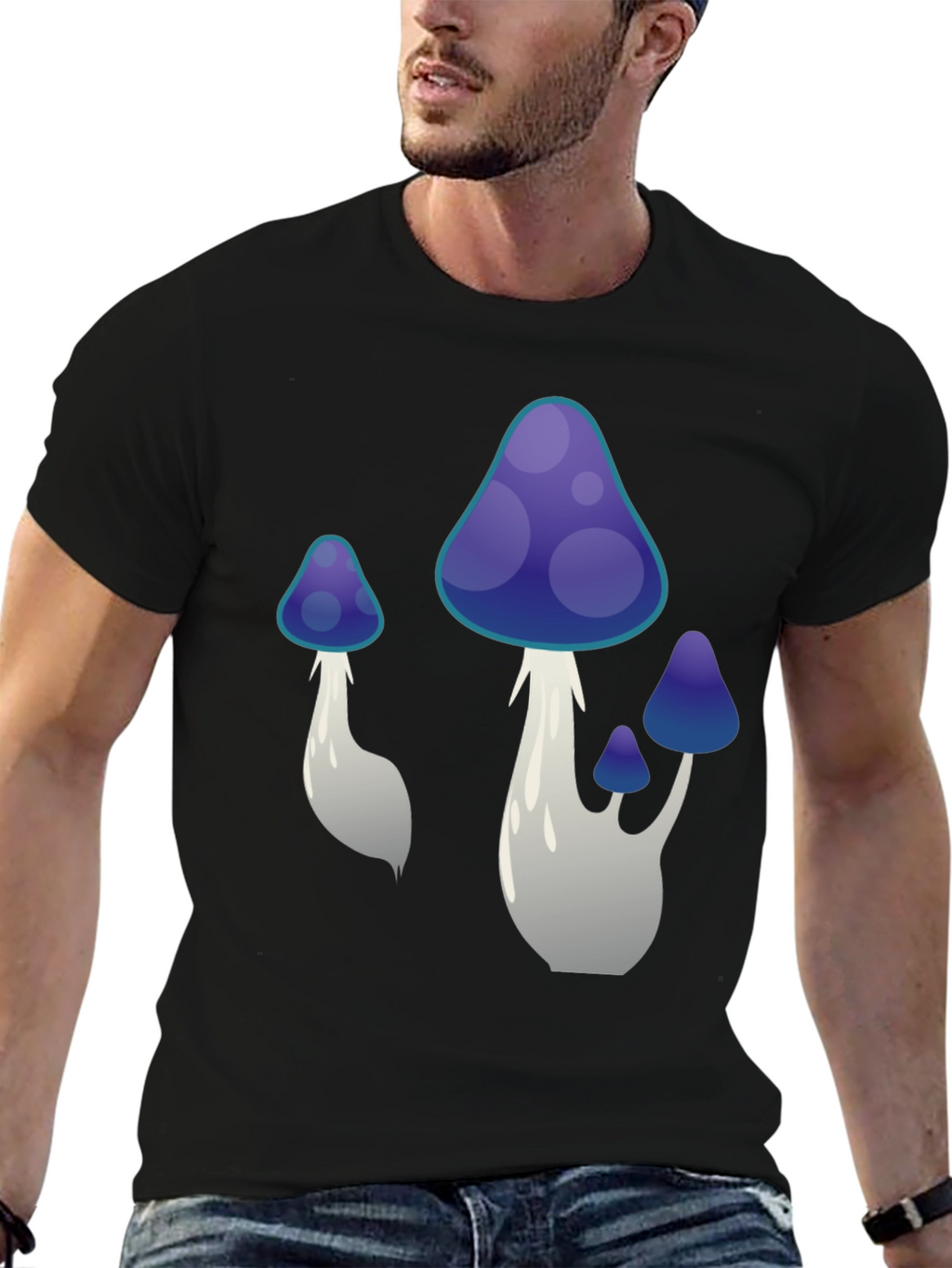 Funky Mushroom Graphic Tee - Black Cotton T-Shirt