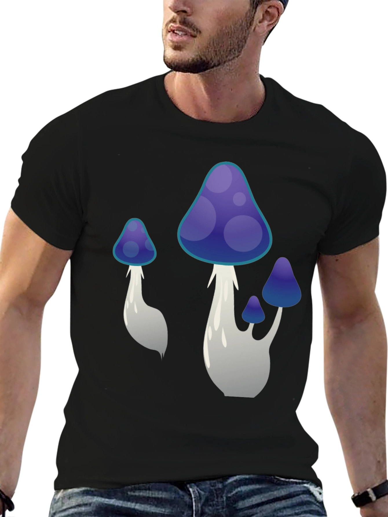Funky Mushroom Graphic Tee - Black Cotton T-Shirt