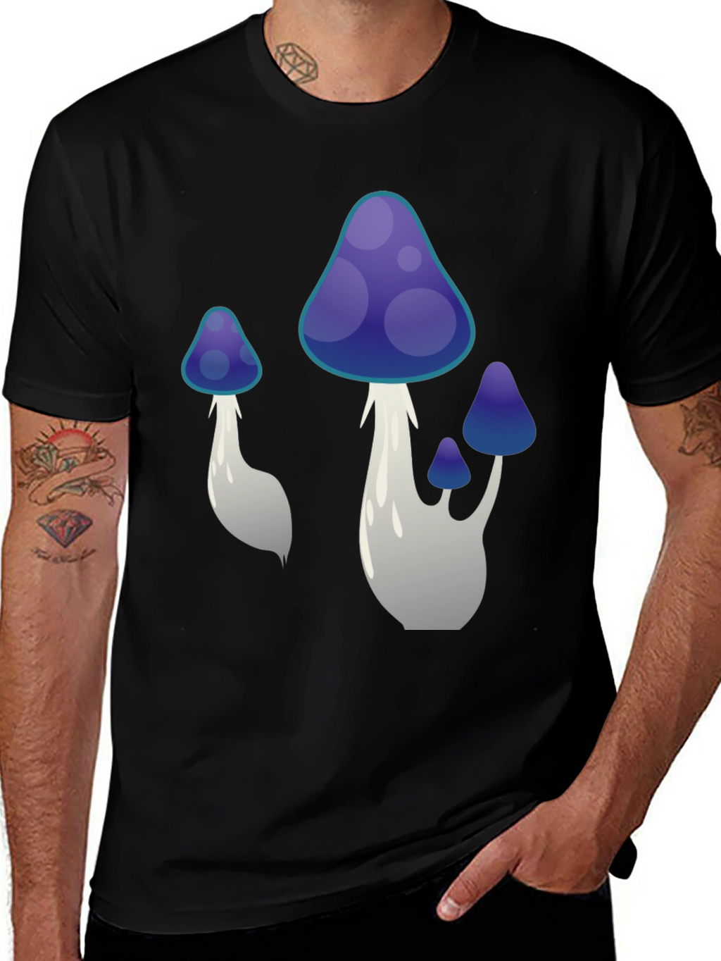 Funky Mushroom Graphic Tee - Black Cotton T-Shirt