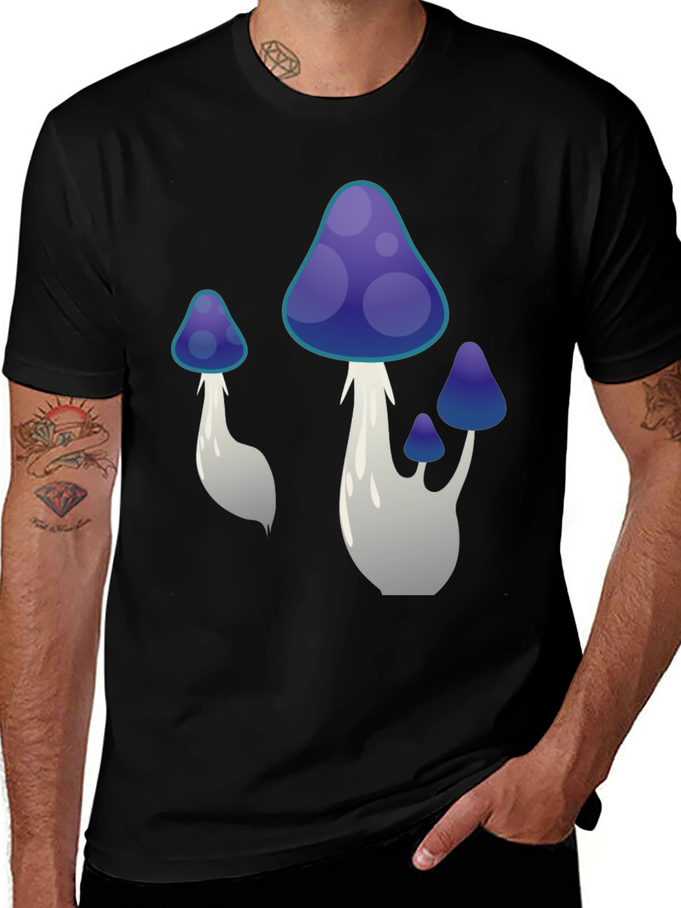 Funky Mushroom Graphic Tee - Black Cotton T-Shirt