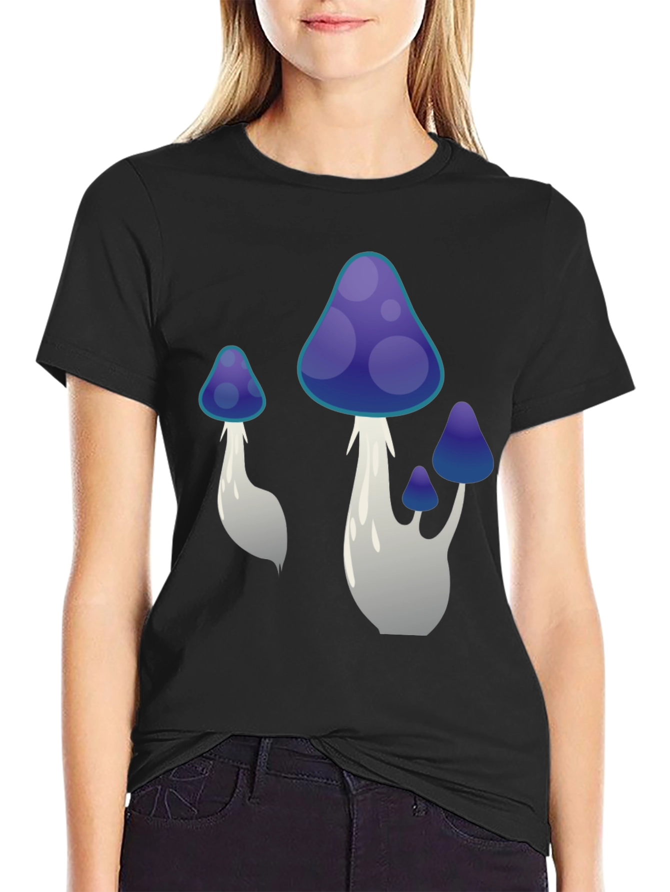 Funky Mushroom Graphic Tee - Black Cotton T-Shirt
