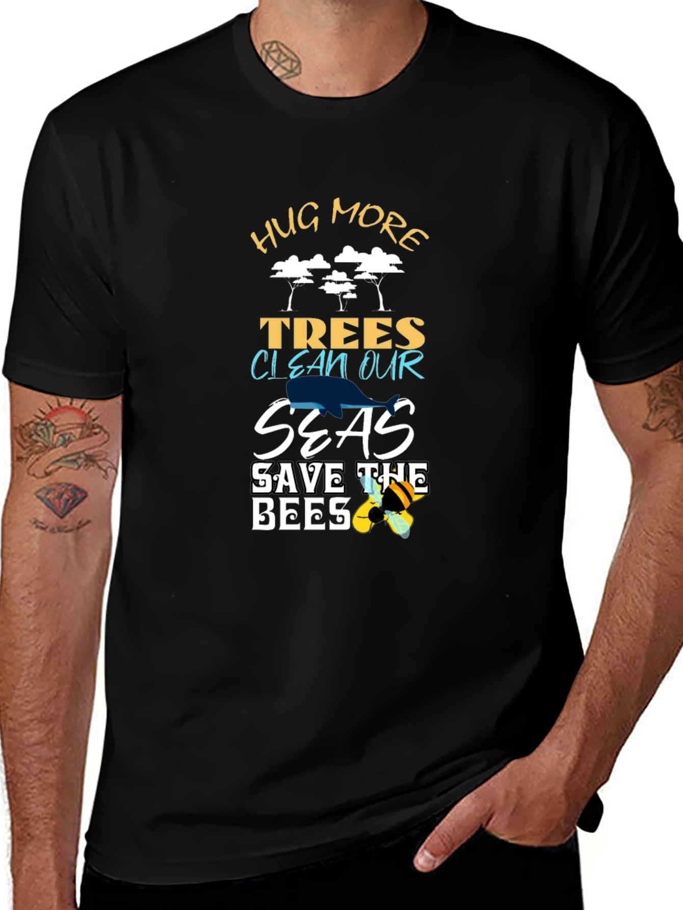 Eco-Friendly Black T-Shirt: Hug Trees Clean Seas Save Bees