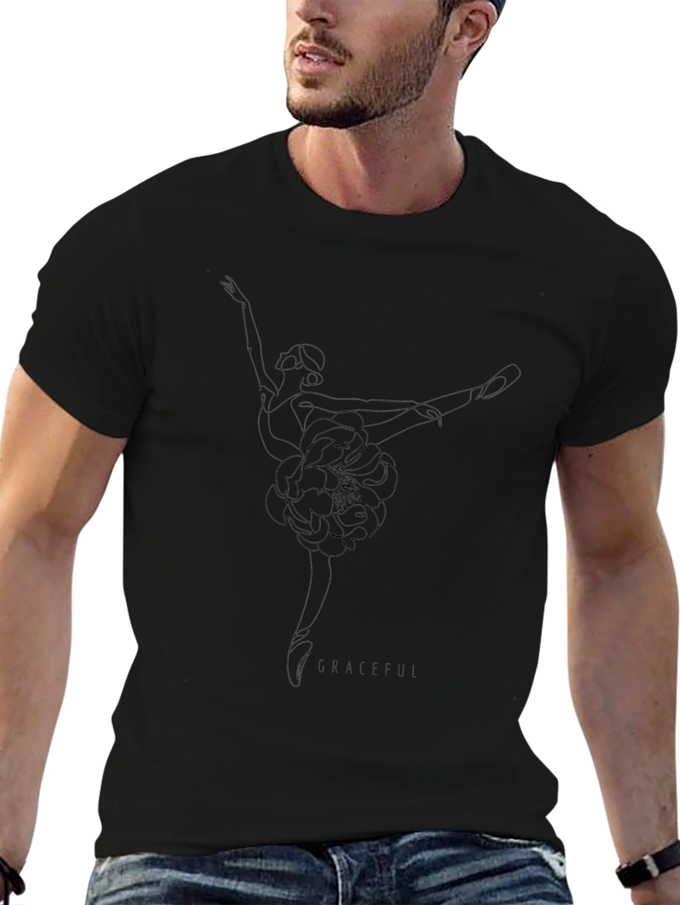 Elegant Black Tee with Subtle Floral Design