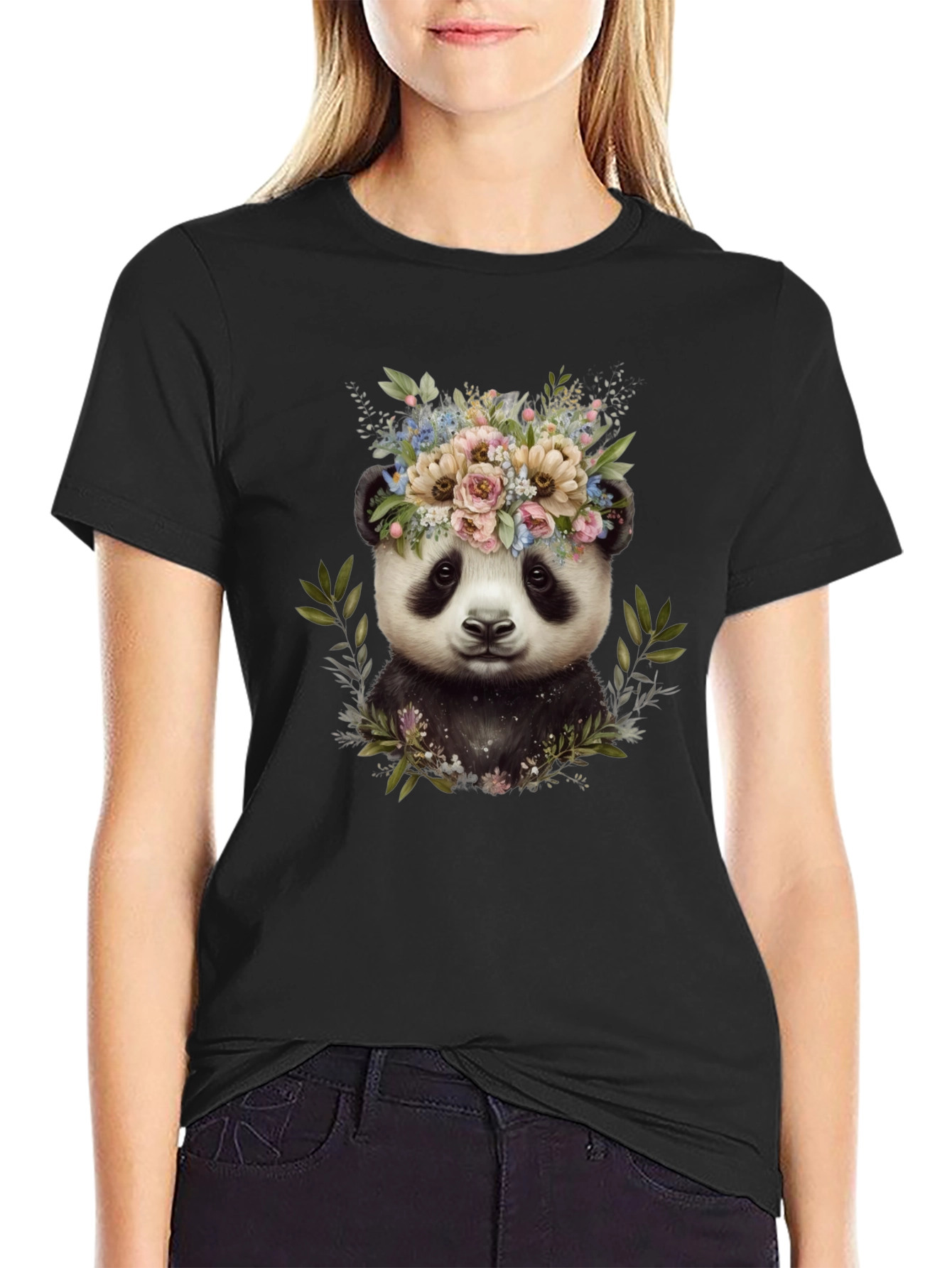 Panda Floral Wreath Tee - Unique Graphic Print T-Shirt