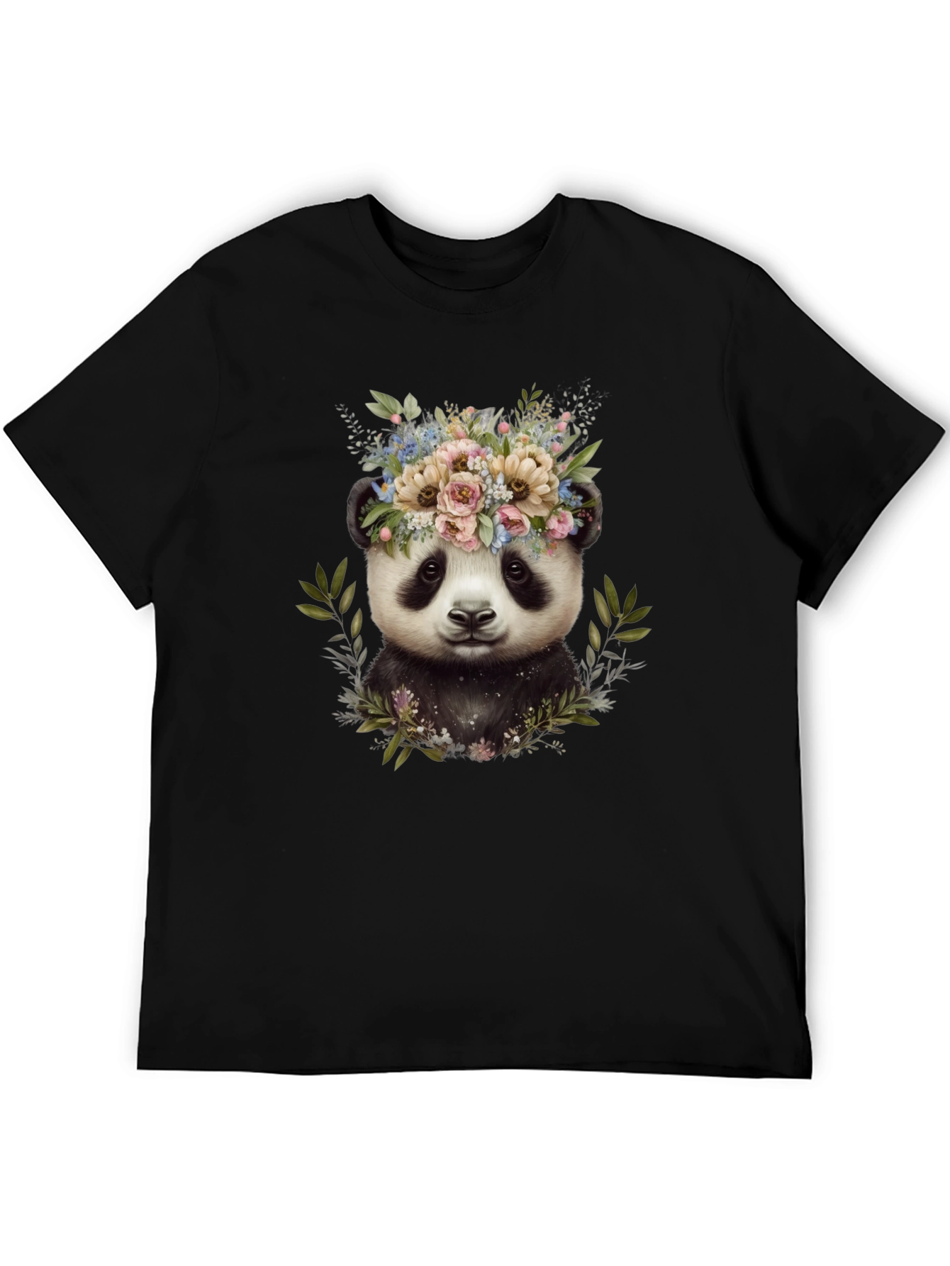 Panda Floral Wreath Tee - Unique Graphic Print T-Shirt