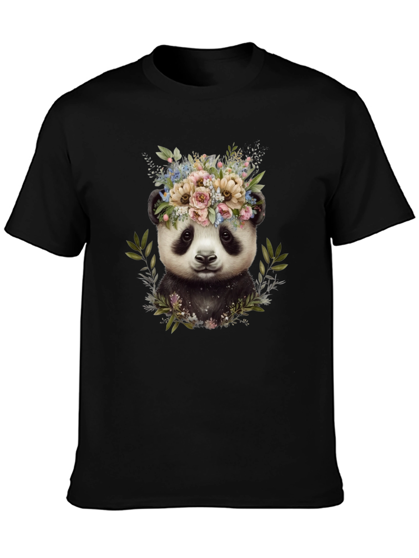 Panda Floral Wreath Tee - Unique Graphic Print T-Shirt