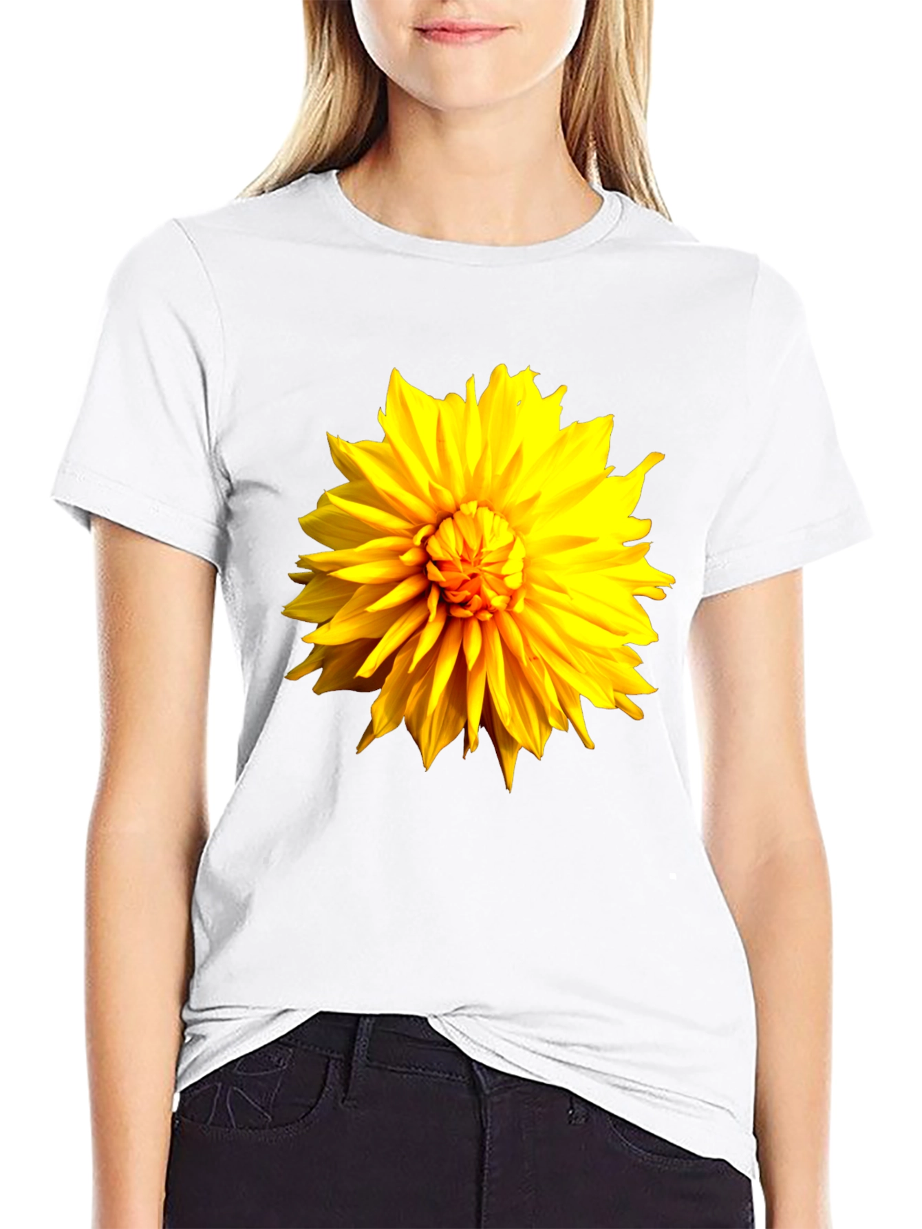 Black T-Shirt with Bright Yellow Flower Graphic