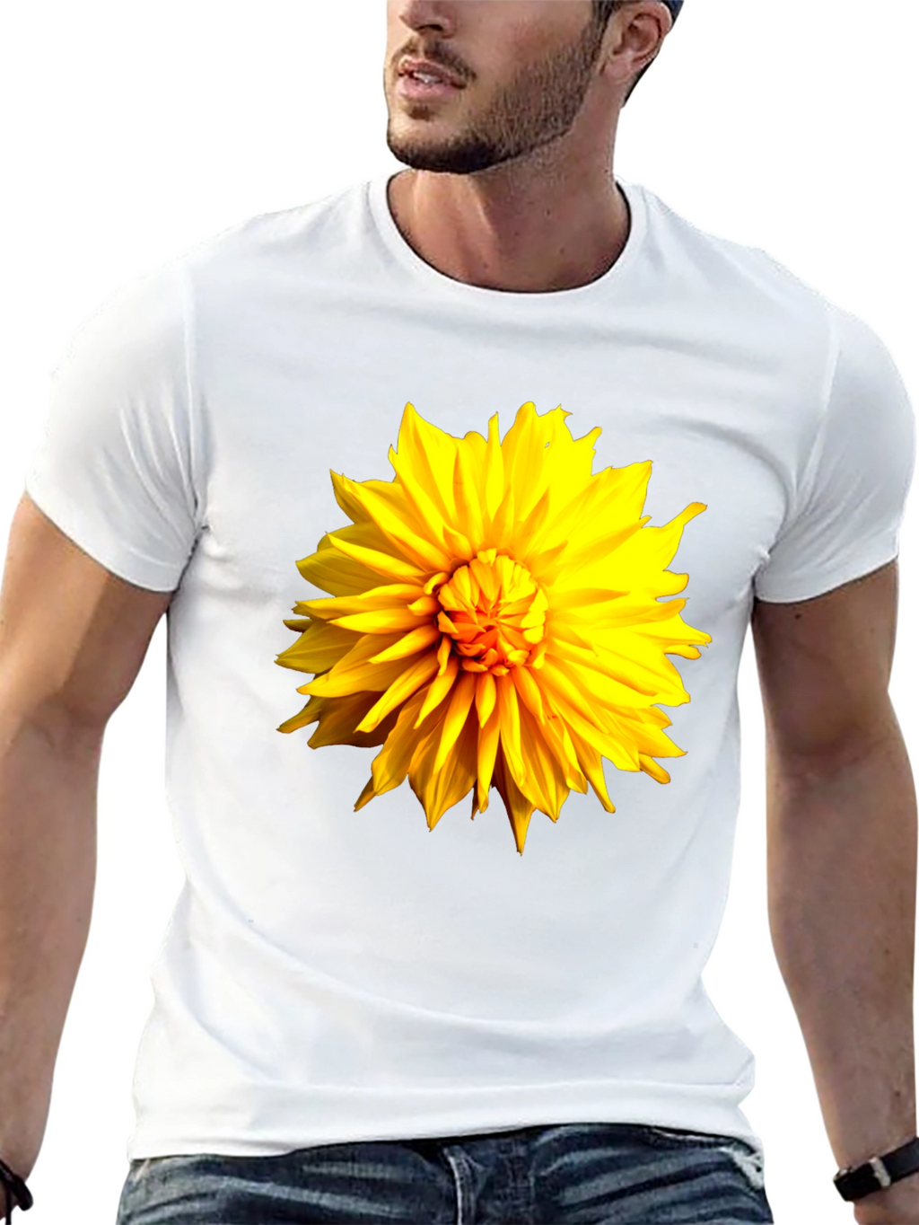 Black T-Shirt with Bright Yellow Flower Graphic