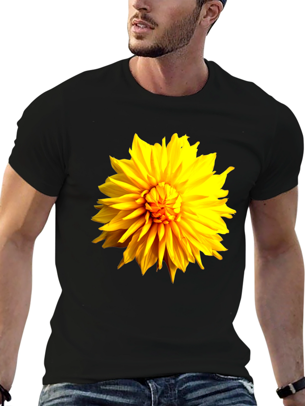 Black T-Shirt with Bright Yellow Flower Graphic