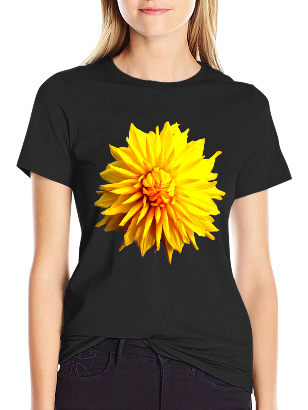 Black T-Shirt with Bright Yellow Flower Graphic