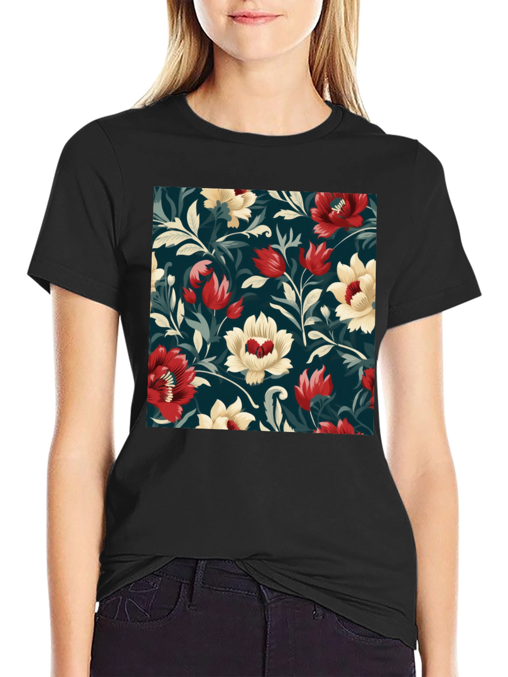 Floral Pattern Black T-Shirt