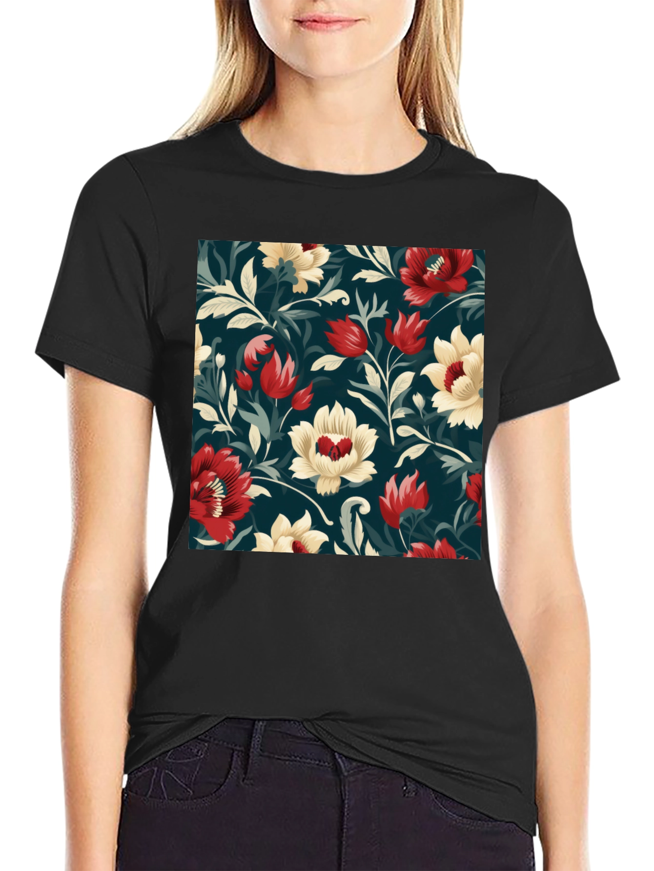 Floral Pattern Black T-Shirt