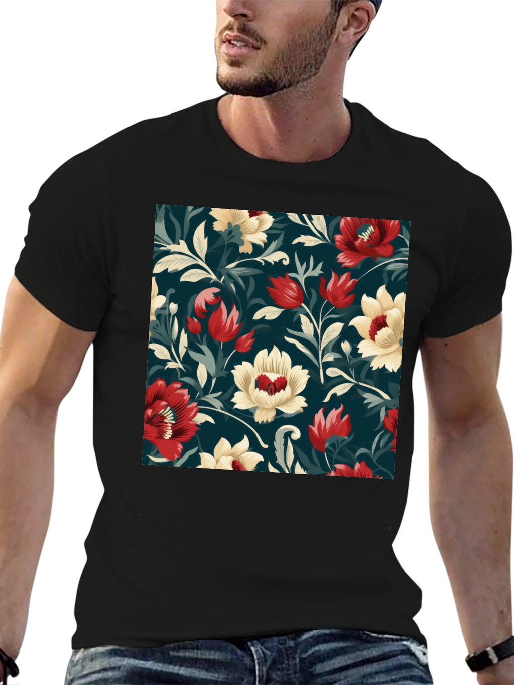 Floral Pattern Black T-Shirt