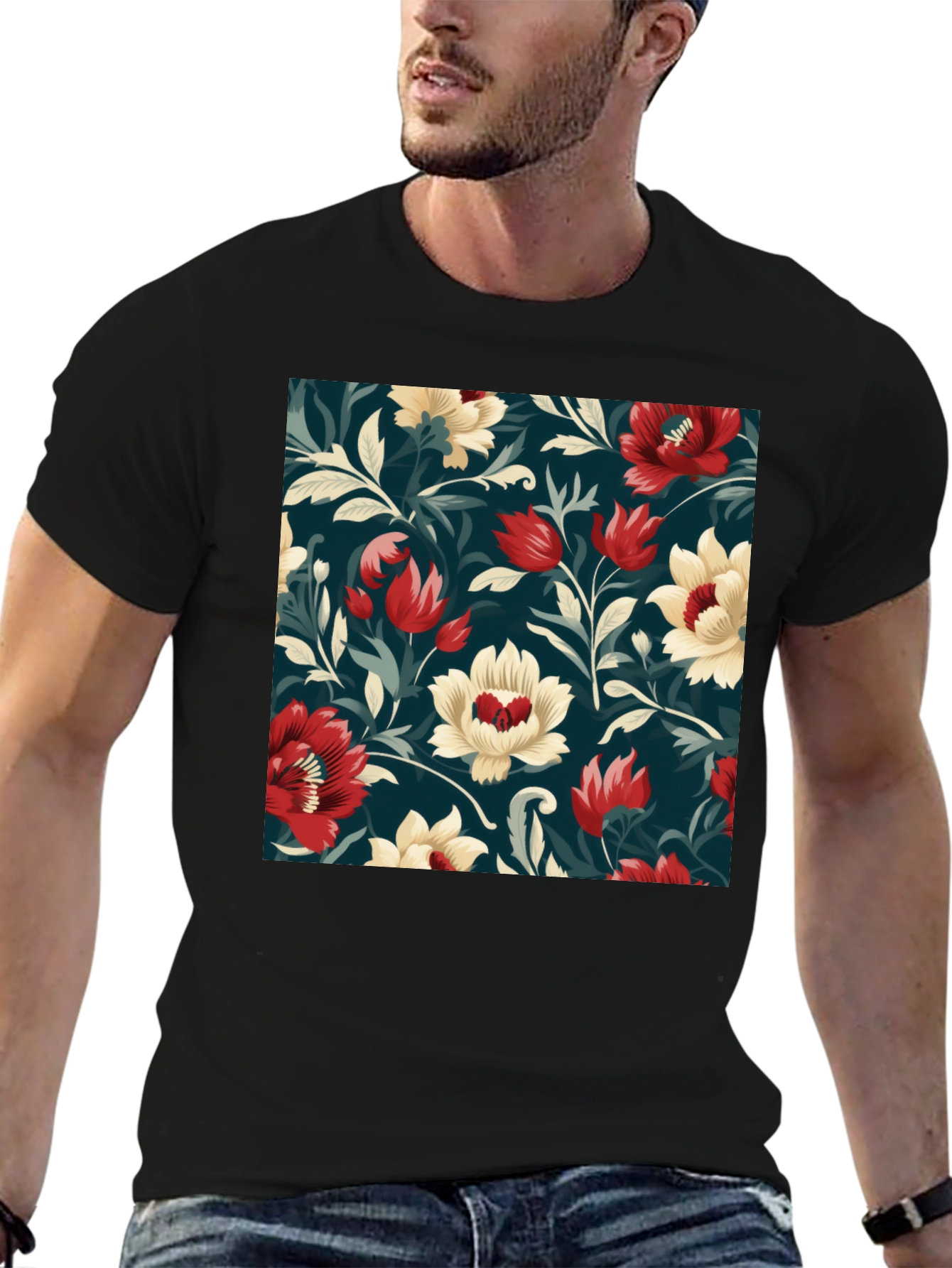 Floral Pattern Black T-Shirt