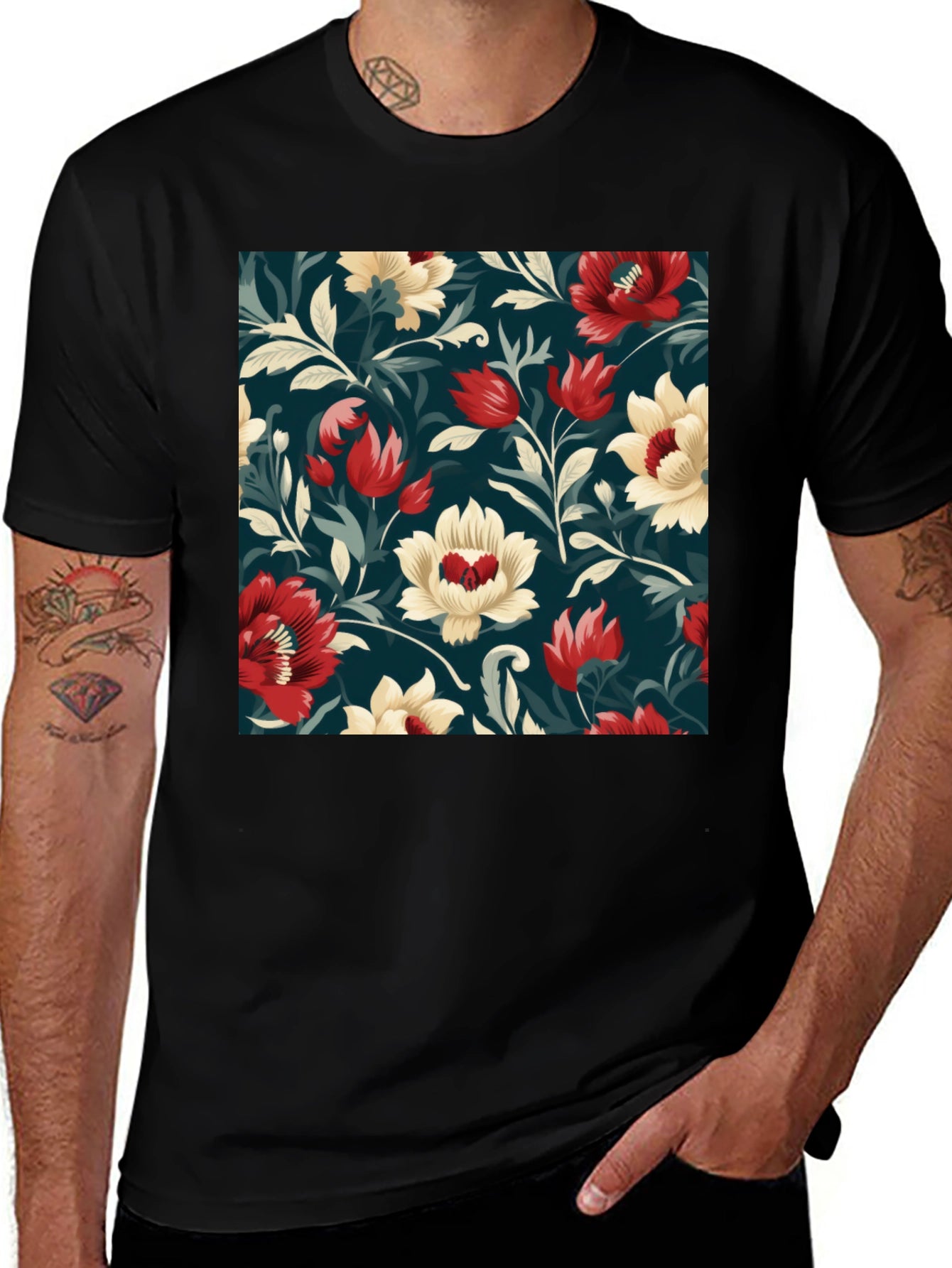 Floral Pattern Black T-Shirt