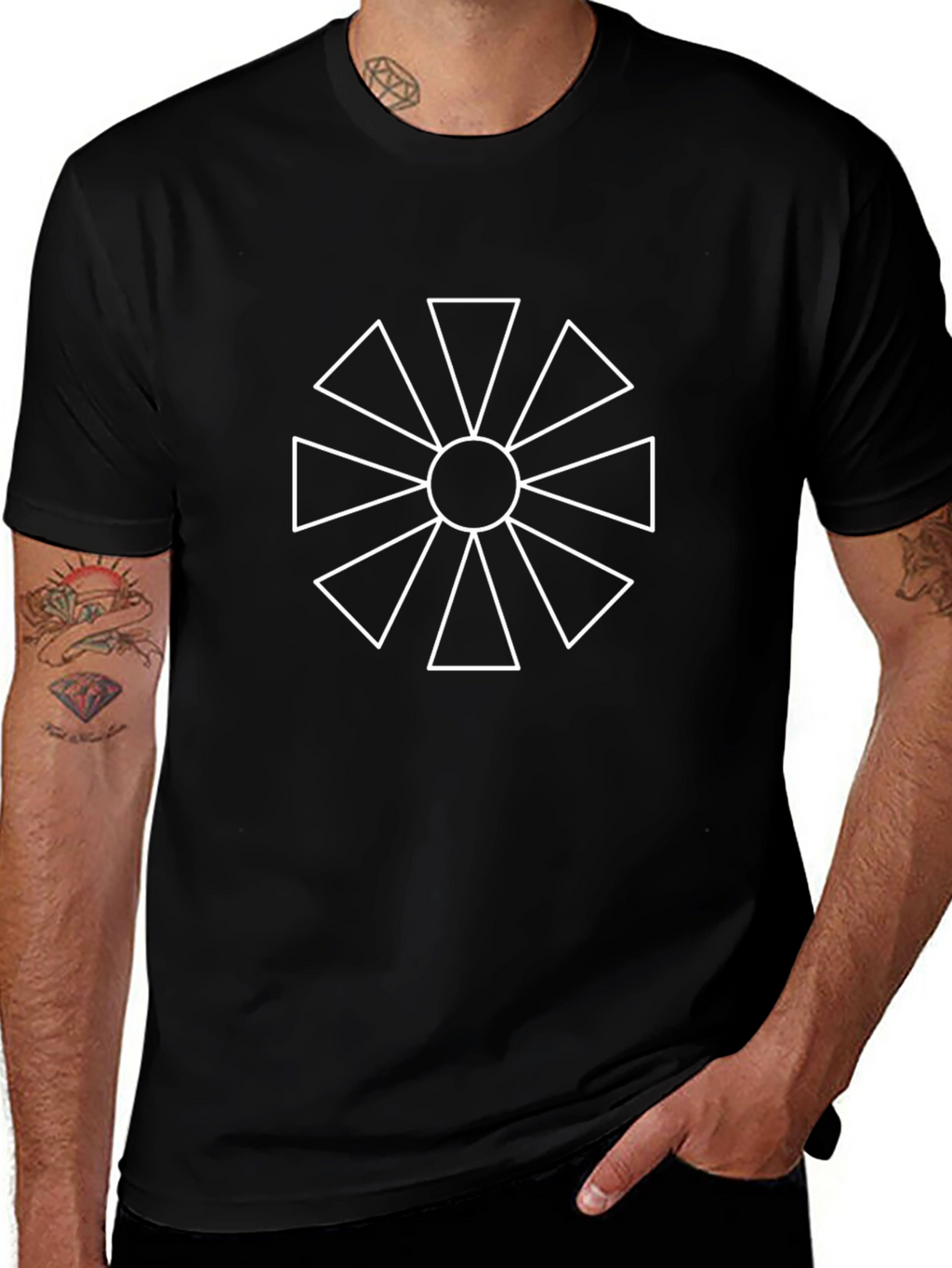 Geometric Sunburst Graphic Tee - Black