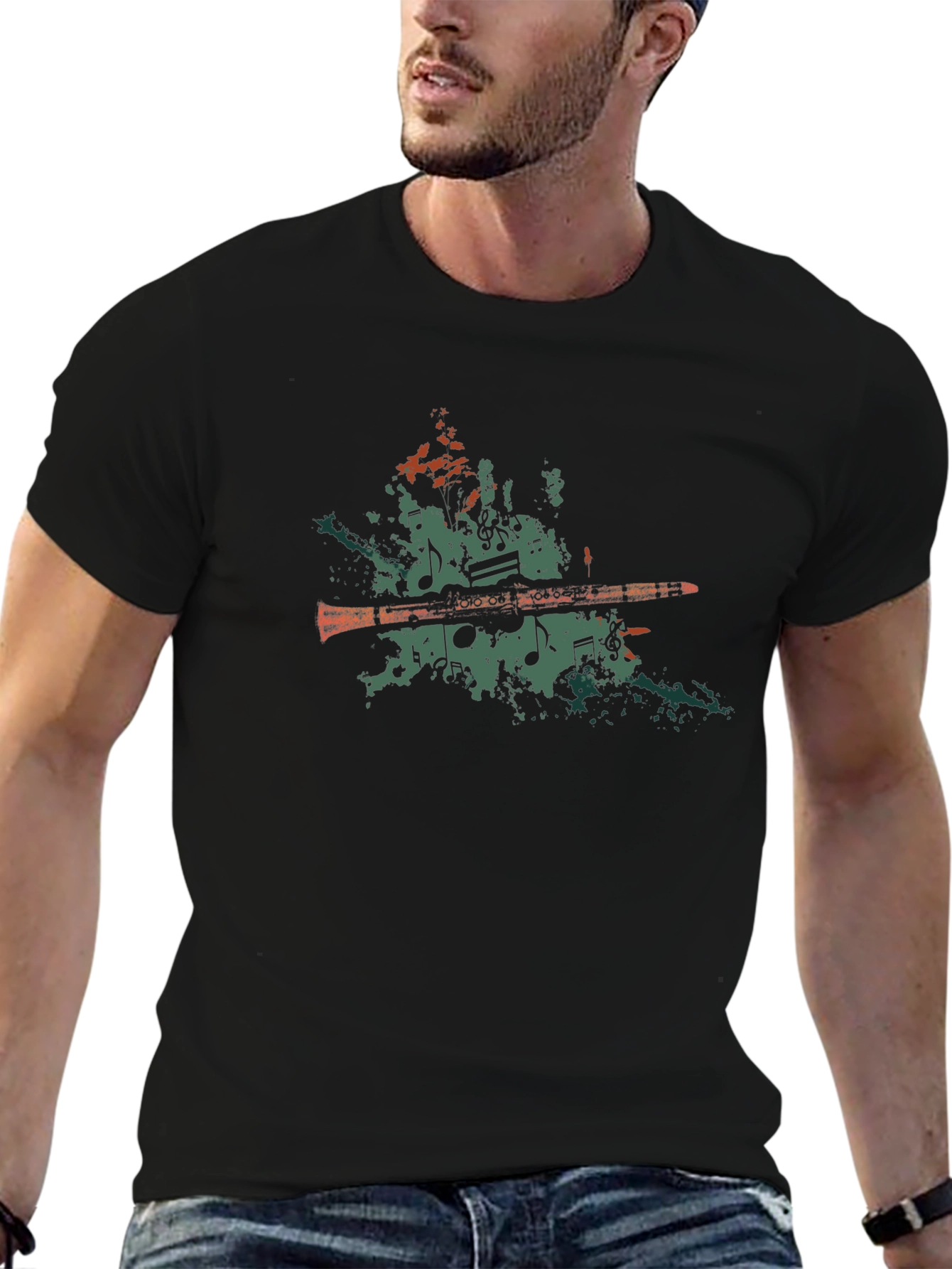Musical Notes Clarinet Graphic Tee - Black