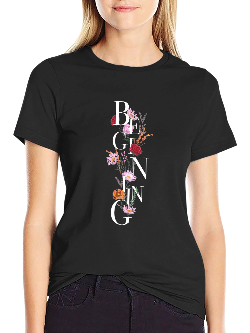 Floral Beginning Graphic Black T-Shirt
