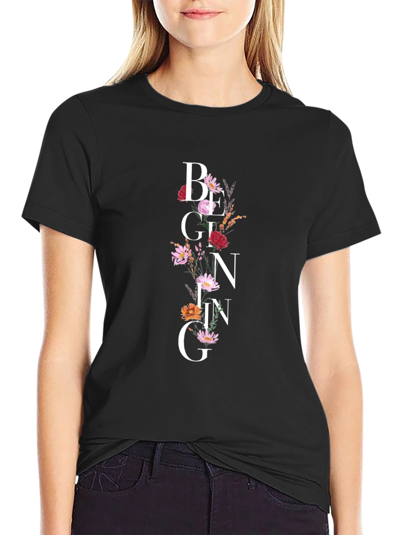 Floral Beginning Graphic Black T-Shirt