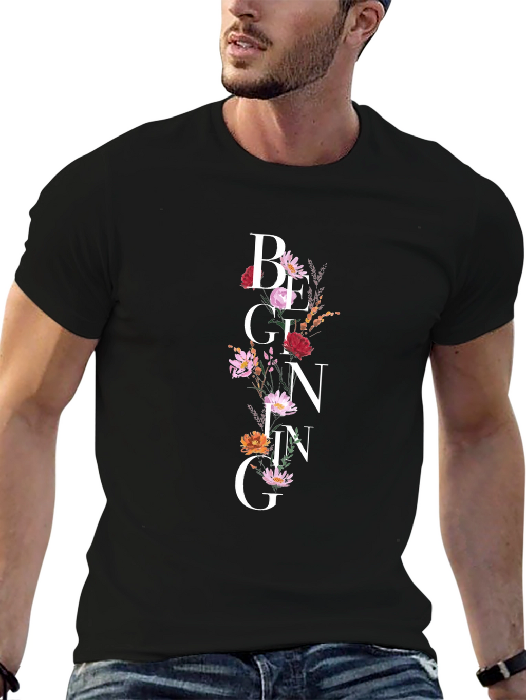 Floral Beginning Graphic Black T-Shirt
