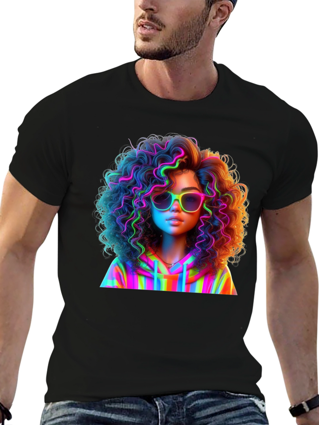 Neon Rainbow Afro Graphic T-Shirt