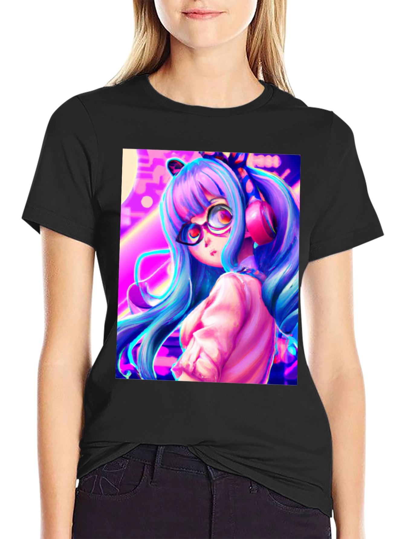 Anime Girl Graphic Tee - Black Cotton Shirt