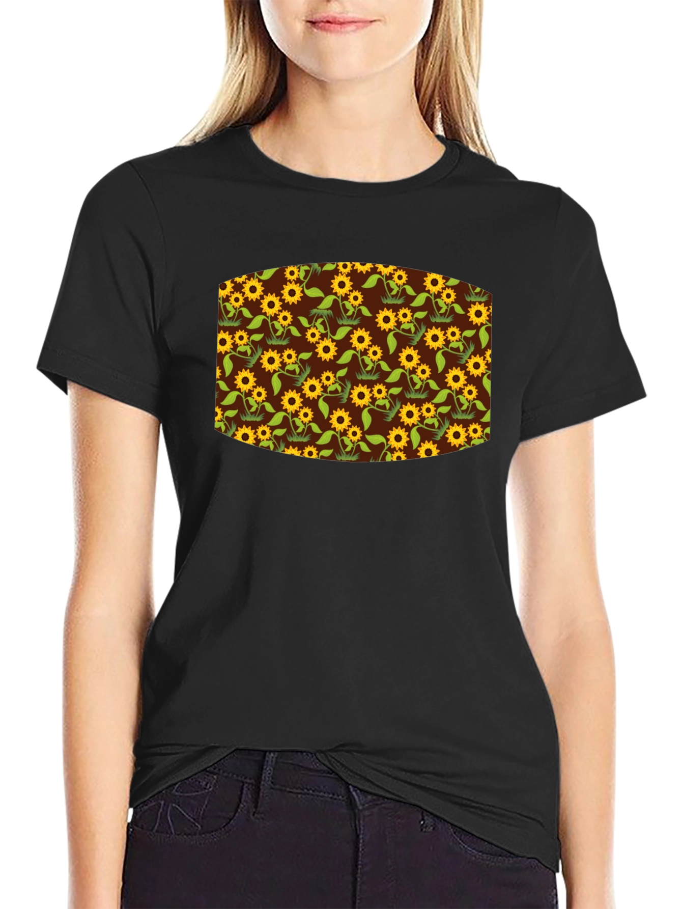 Sunflower Print Black T-Shirt