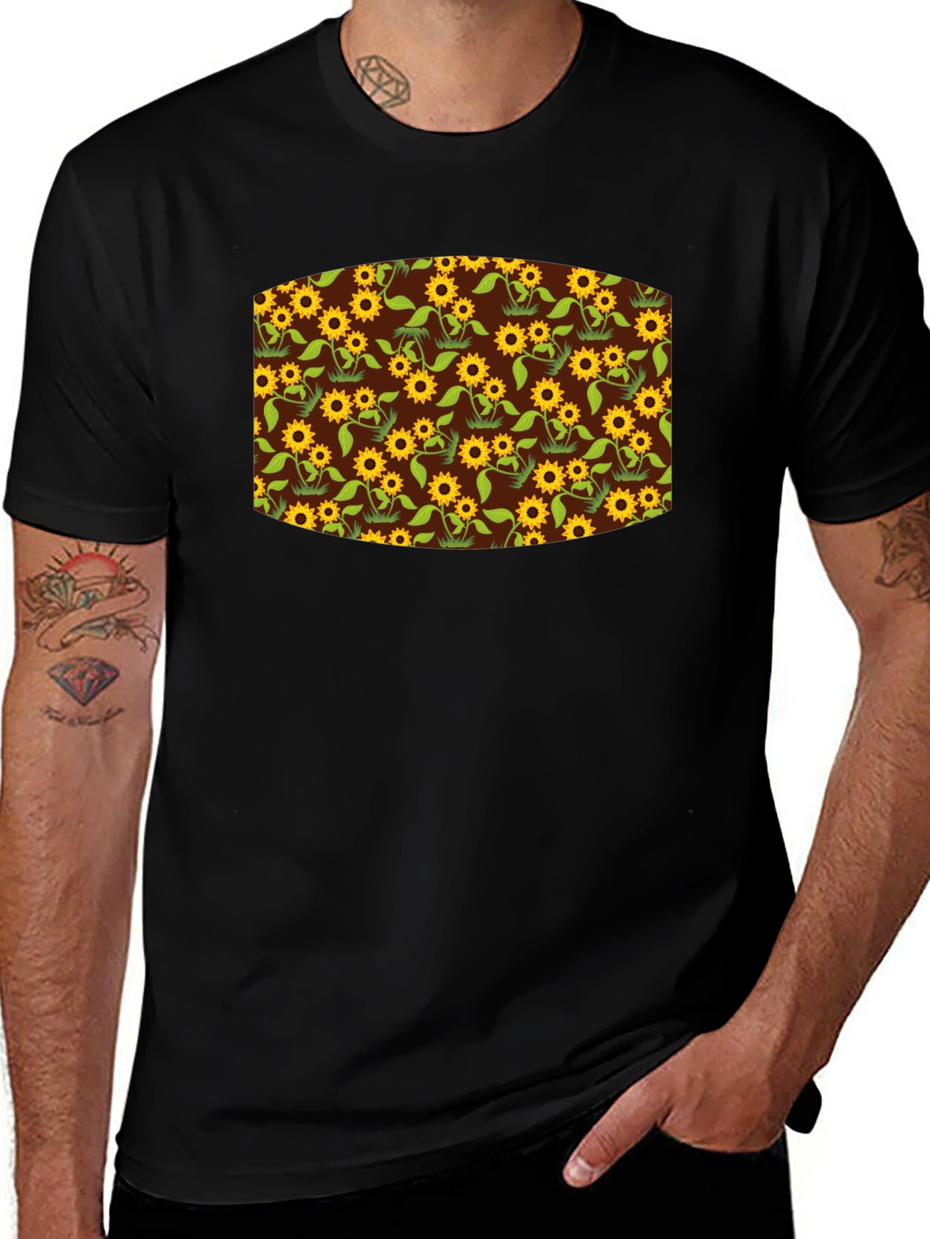 Sunflower Print Black T-Shirt