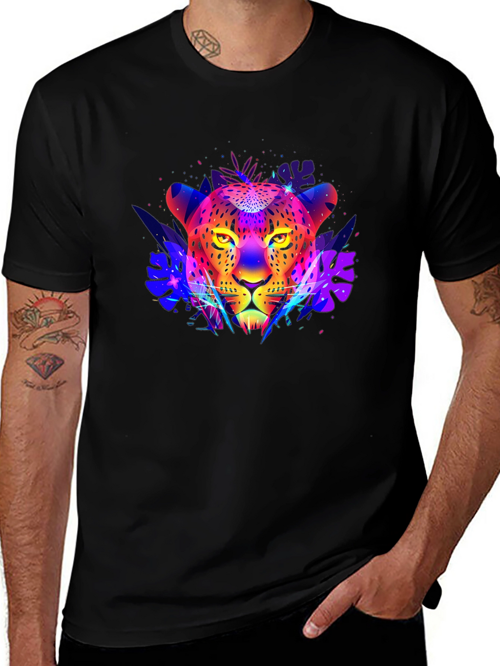 Neon Leopard Print Black T-Shirt