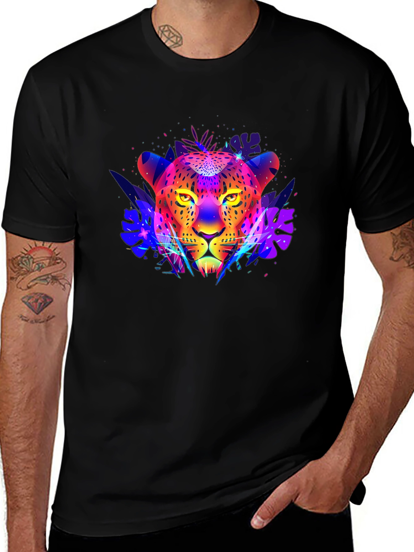 Neon Leopard Print Black T-Shirt