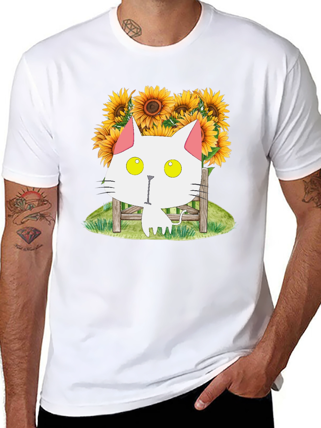 Cat and Sunflower Graphic T-Shirt