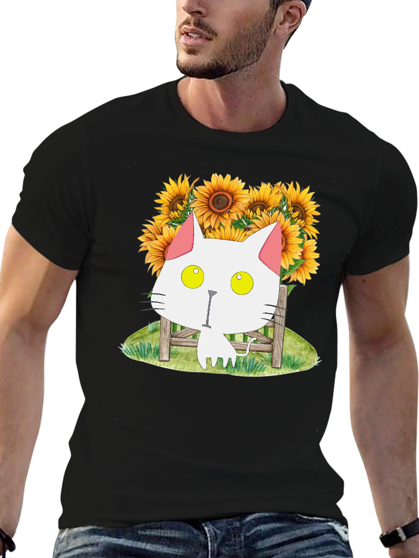 Cat and Sunflower Graphic T-Shirt